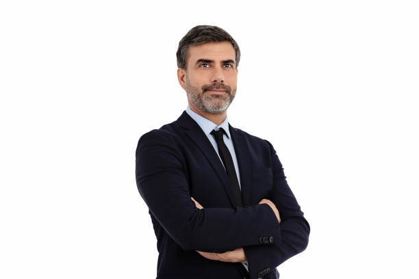 istock Low angle view of confident businessman on white background 1410583857