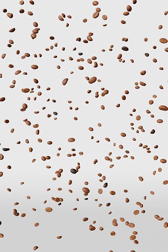 Falling coffee beans white background isolated shadows 3D rendering. Flying floating arabica grains espresso latte cappuccino hot drinks sale. Coffee roasters shop product delivery advertising promo.