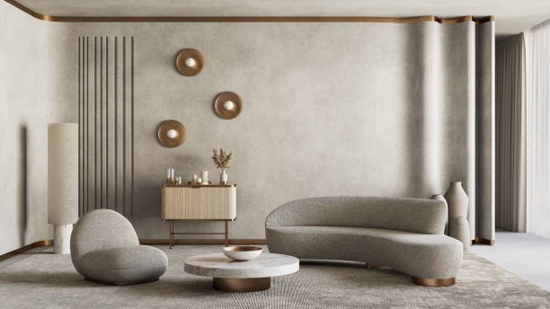 современный интерьер с бетонными стенами, мебелью и декором. макет иллюстрации 3d рендеринга. - furniture armchair design elegance стоковые фото и изображения