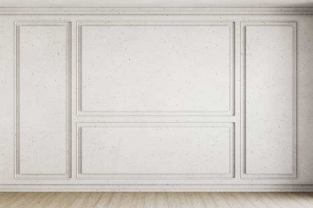 współczesne wnętrze z białymi klasycznymi panelami ściennymi. makieta ilustracji renderuj 3d. - trójwymiarowa forma zdjęcia i obrazy z banku zdjęć