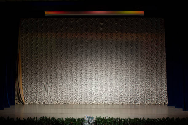 istock Stage in theater. Empty stage with curtain open. Large tissue visit on back. 1410585431