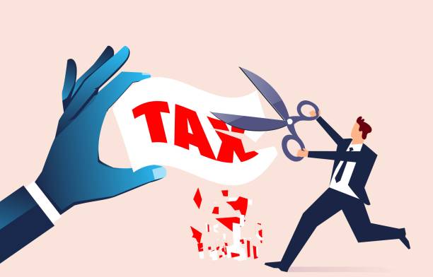 Businessman holding scissors cut tax character, tax reduction, business finance concept illustration Businessman holding scissors cut tax character, tax reduction, business finance concept illustration taxes stock illustrations