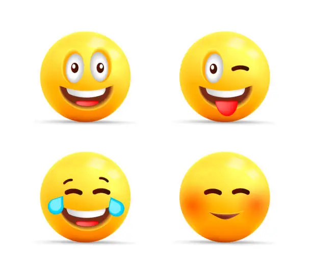 Vector illustration of Smiley face 3d icons or yellow symbols with happy expressions, spheric characters laughing, shy and with tongue