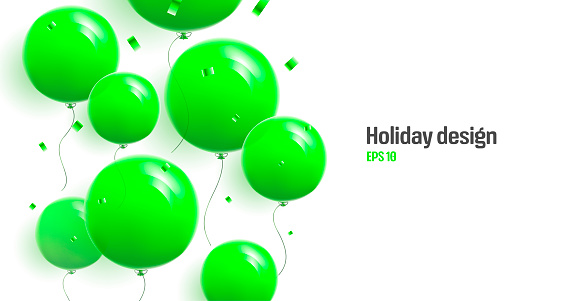Cover backdrop with bright green round balloons and confetti flying up, realistic 3d graphic element with place for greeting for patriks day or eco event