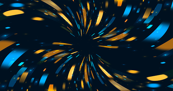 Blurred Defocused Lights moving to the center of the screen, blue and golden yellow neon particles meshed in motion in dark space
