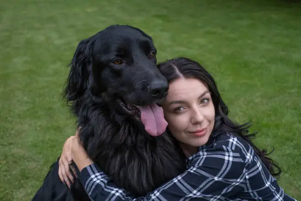 Handsome young woman hug her hovawart dog on the backyard lawn. Woman has fun with loyal pedigree dog outdoors in summer house, park.