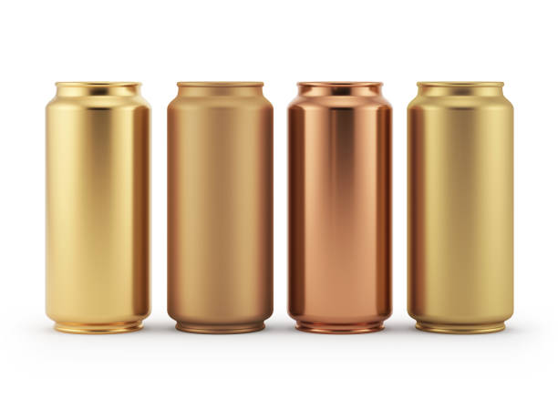 istock Golden cans. Different types of gold cans isolated on white background 1410591630