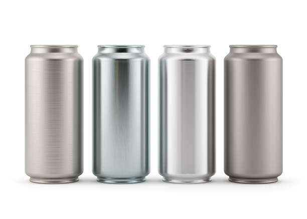 A drink beverage can, a metal container designed to hold a fixed portion of liquid such as carbonated soft drinks, fruit juices, teas, herbal teas, energy drinks, cans are made of aluminum and steel, selective focus