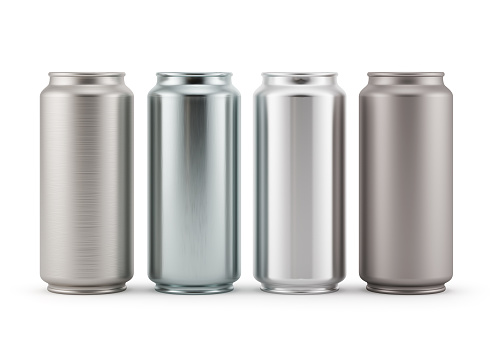Aluminum can mockup in different metal variations. 3D render template isolated on white background
