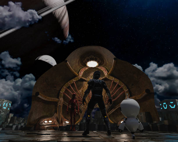 istock Astronaut and small robot facing a strange egg-shaped object and an alien at the spacewalk on a dark planet 1410592214