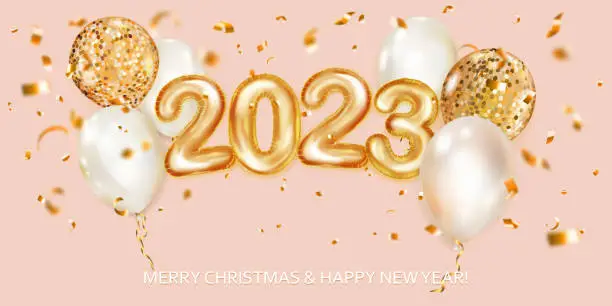Vector illustration of Festive Christmas background with foil balloons numbers 2023