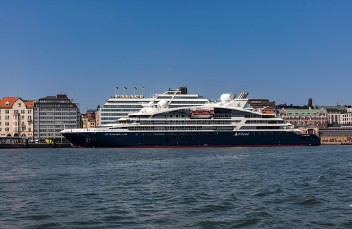 Helsinki, Finland - July 22. 2022. Ponant cruise ship Le Champlain visiting Helsinki, Finland