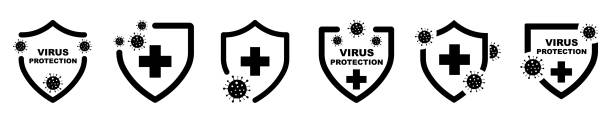 illustrations, cliparts, dessins animés et icônes de ensemble d’icônes de vecteurs de virus de protection. bouclier et bactéries. symbole de défense contre la grippe et le virus. protéger le système immunitaire. - immune defence illustrations