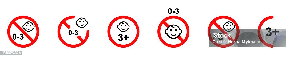 istock Set of not for children under 3 years vector signs. Forbidden for child from 0 to 3 year. Vector labels or stickers. 1410593336