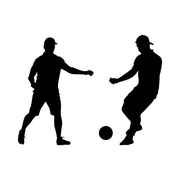 Soccer player icon isolated on white background. Two soccer players black silhouette. Group of footballers with ball. Footballer kicking ball. Team sport. Player shooting. Stock vector illustration bounce off stock illustrations