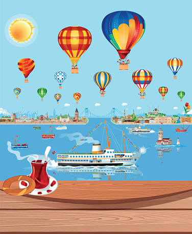 Vector Hot air balloon flying over Istanbul