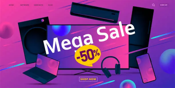 Vector illustration of Mega sale advertiving banner with 3d illustration of dofferent home and smart electronic devices, discount up to fifty