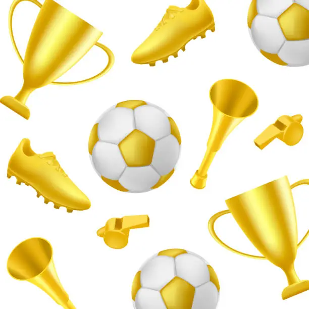 Vector illustration of Golden soccer or football pattern with golden boot, horn and trophy cup and ball and whistle, best tournament award and fan attributes