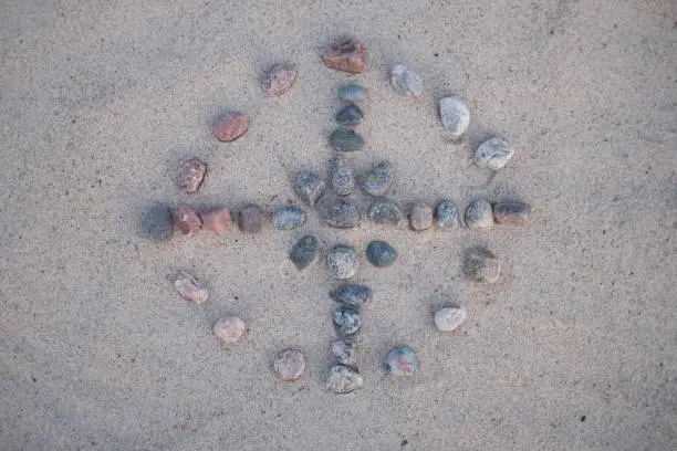 Native American circle stone pattern with spokes to cardinal directions. Spiritual concept.