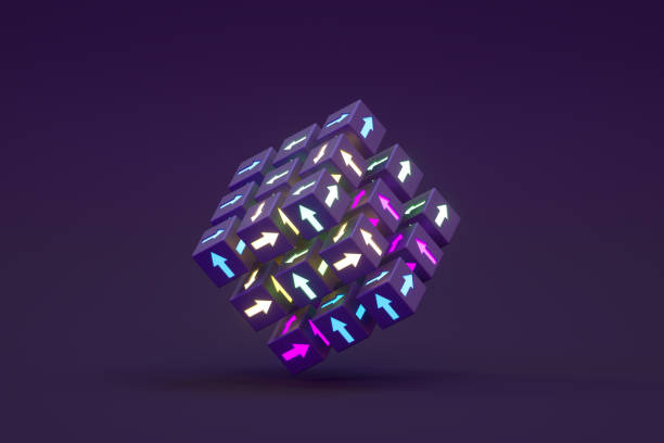 istock Arrows on glowing neon light cubes black background 1410598821
