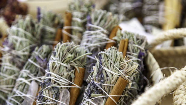 Aromatic palo santo Detail of aromatherapy and tradition, relaxation and meditation crystal altar stock pictures, royalty-free photos & images