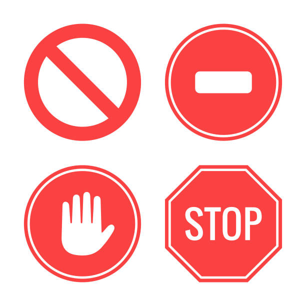 ilustraciones, imágenes clip art, dibujos animados e iconos de stock de ningún signo y el icono de la señal de alto establecen un diseño plano sobre fondo blanco. - road sign symbol stop stop gesture