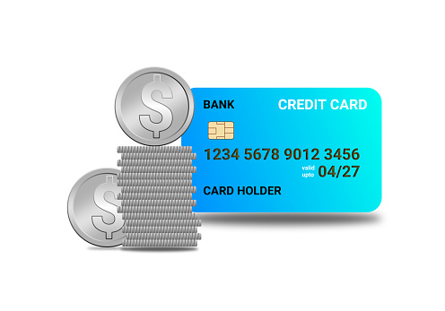 credit card on white background with dollar coin illustration image. concept for online purchases and banking.