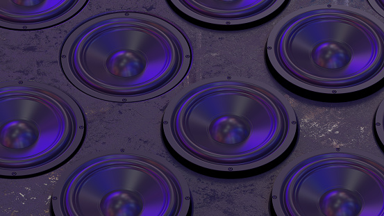 3d rendering of audio speaker background with neon lights. Music party concept.