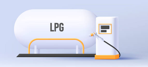 ilustraciones, imágenes clip art, dibujos animados e iconos de stock de equipo de estación de glp ilustración 3d con tubería de gas y boquilla y cilindro grande lleno de gas líquido, formas blancas con decoración amarilla - fossil fuel fuel and power generation reservoir organization