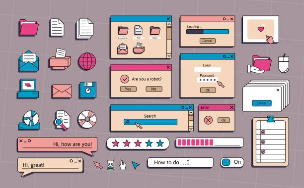 ilustrações de stock, clip art, desenhos animados e ícones de a set of user interface elements, ui and ux themes. in the vaporwave style of the 80-90s, retro collage. vector illustration of windows and icons . - themes