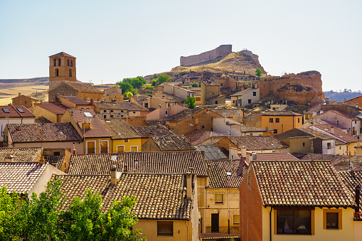Panoramic medieval village with houses dug into the rock of the mountain, San Esteban de Gormaz