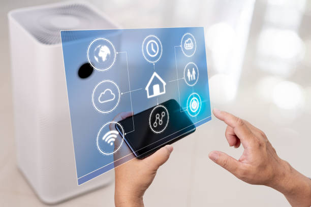 istock Home smart and technology on virtual screen concept,Man use smartphone control online on application adjust and setting for smart home through the internet 1410607336
