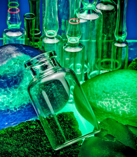 Laboratory equipment glass flask medical scientific chemical bottle 3d render.