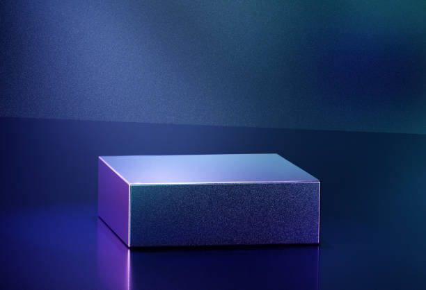 istock Dark abstract room with blue cube form podium on reflective surface in blue room background 1410608150