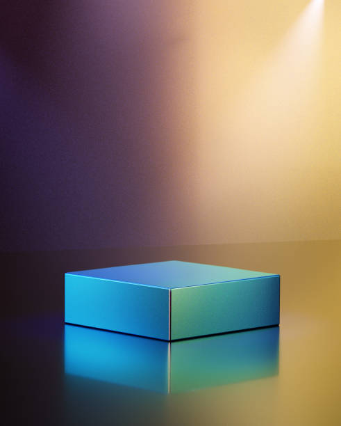 istock Vector 3d blue cube rendering podium with digital yellow purple blank wall. Minimal abstract background geometric shape cyan pastel cubicle stage 1410608192