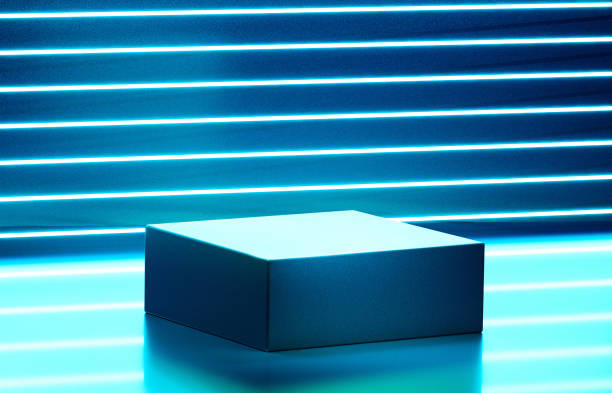 istock Neon blue cyber room with illuminated geometric cube podium spotlight with product space background 1410608228