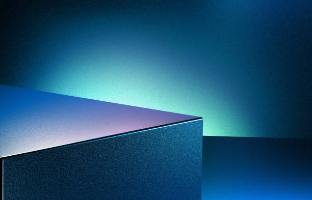istock Dark abstract blue room with purple blue cube form podium edge illuminated spotlight 1410608258