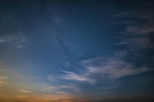 istock Beautiful noctilucent cloud formations against Milky Way background night sky 1410608775