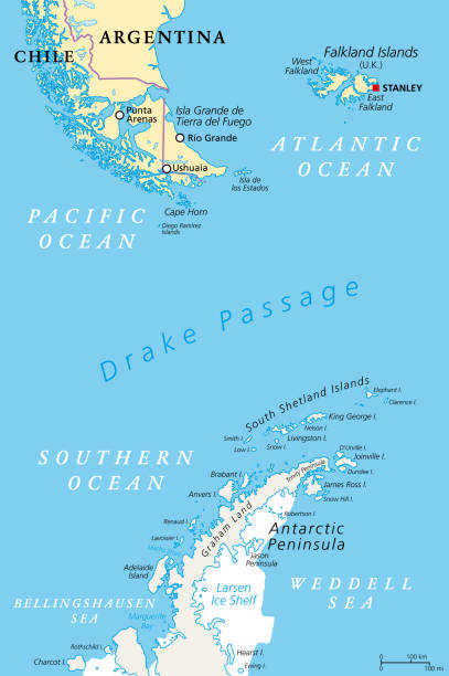 ilustrações, clipart, desenhos animados e ícones de drake passage, mapa político, referido como mar de hoces, mar de hoces - oceano antártico