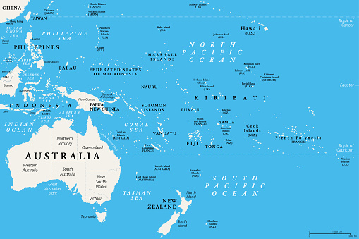 Oceania, political map. Australia and the Pacific, including New Zealand. Geographic region, southeast of the Asia-Pacific region, including Australasia, Melanesia, Micronesia and Polynesia. Vector.