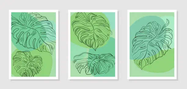 Vector illustration of Tropical leaves on abstract green spots, wall decor. A set of images for printing paintings, postcards, business cards or posters