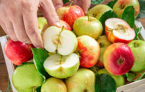 scatola di legno con pieno di diverse mele rosse e verdi vicino - half full apple green fruit foto e immagini stock