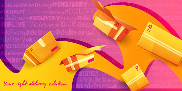 Fast delivery and e-commerce concept. Cardboard boxes with symbols on a stylish abstract color background. Online order infographics, web page, app design. Graphic vector illustration in EPS format house numbers stock illustrations