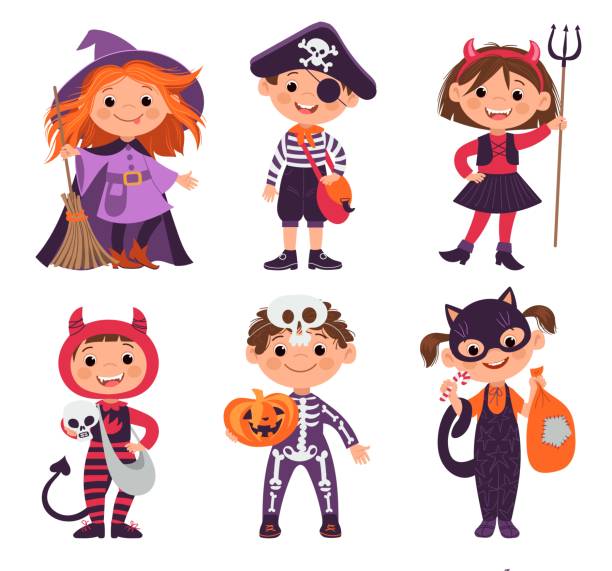 ilustrações de stock, clip art, desenhos animados e ícones de trick or treating kids. children characters in halloween costumes. funny monster carnival outfits. smiling boys or girls in festive cosplay clothes. horror party. vector little people set - smiling little girls little boys autumn