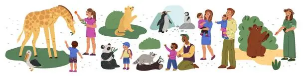 Vector illustration of Zoo visitors. People in zoological garden. Exotic animals and human families. Safari park. Parent with children watching fauna. Kids feeding giraffe. Summer leisure. Garish vector set