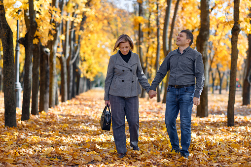 portrait of a romantic couple in an autumn city park, a man and a woman walking and posing against the background of yellow maple leaves, a bright sunny day