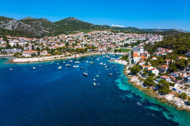 Beautiful Croatian island of Hvar seen from a drone perspective during one sunny summer day stock photo