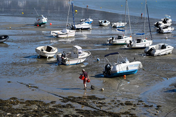 Ships in the port of Erquy at low tide Erquy, France, July 7, 2022 - Ships and sailboats in the port of Erquy at low tide sailboat mast stock pictures, royalty-free photos & images