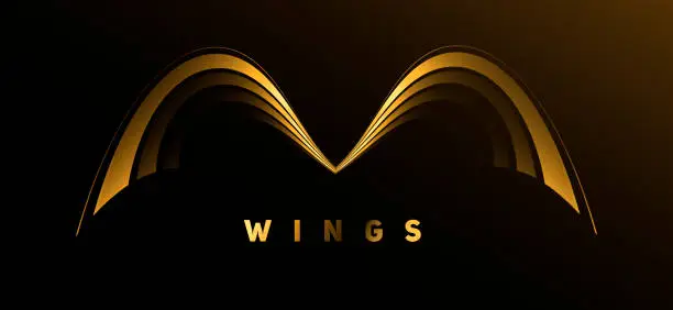Vector illustration of Abstract symmetry shiluette of wings made of gold metal lines or m letter, luxury graphic element for logo with golden text