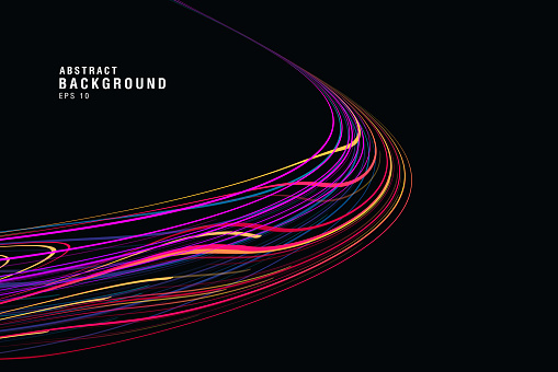 Dark background with colorful track of neon glowing lines, round path of speed lights, abstract composition cover